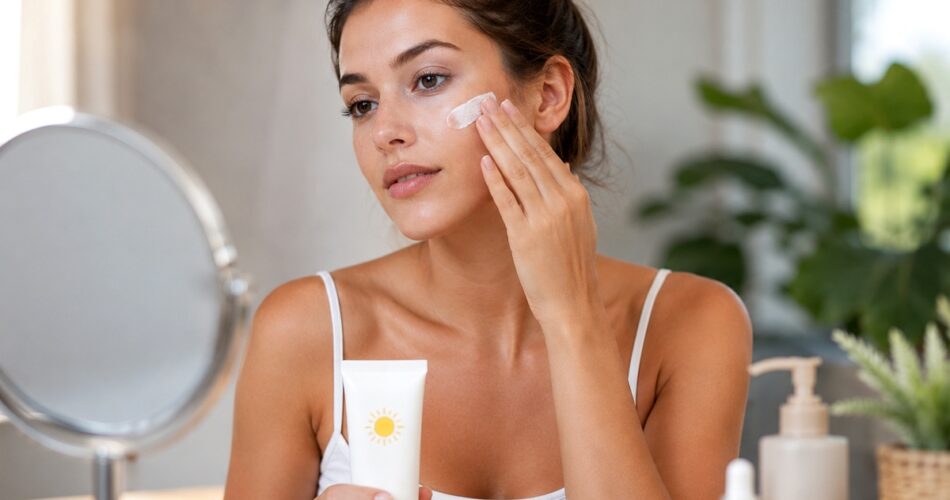 Mujer aplicando protector solar facial en su rutina diaria para evitar los mitos sobre la crema de día con FPS