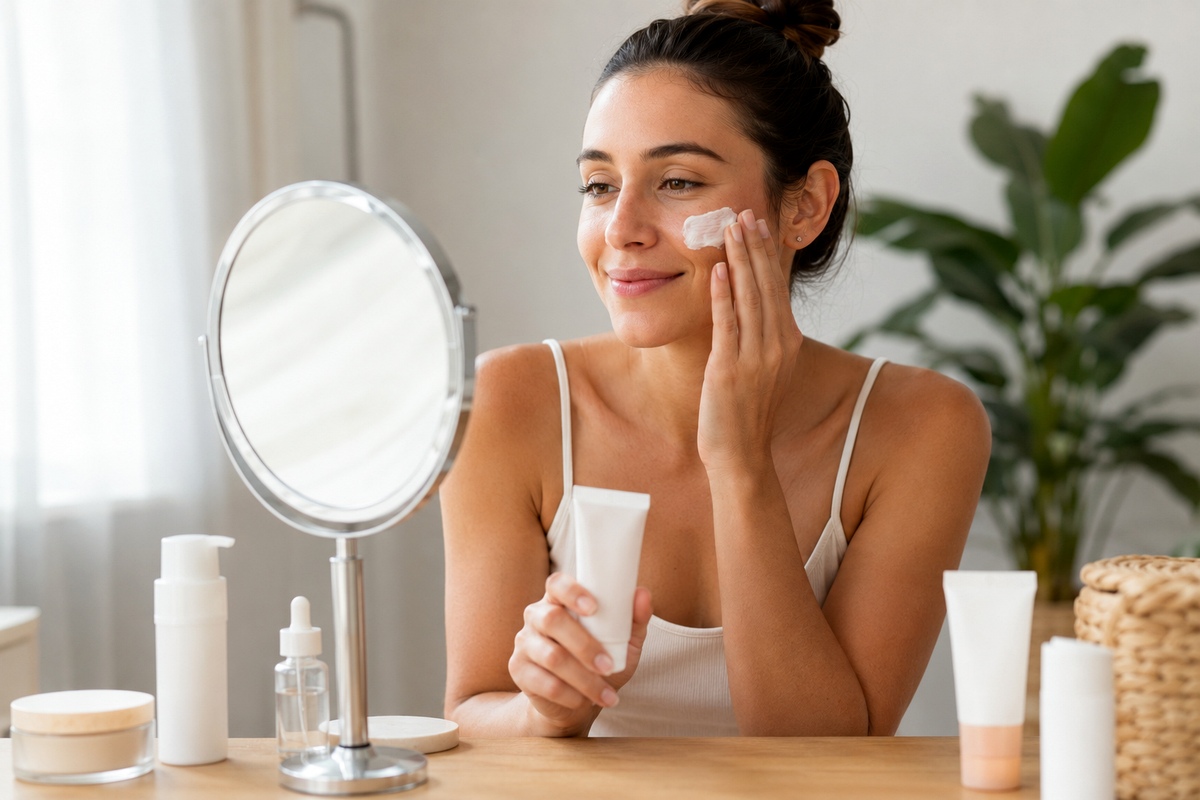Mujer aplicando protector solar facial en una rutina diaria para entender por qué la crema de día con FPS no siempre es suficiente