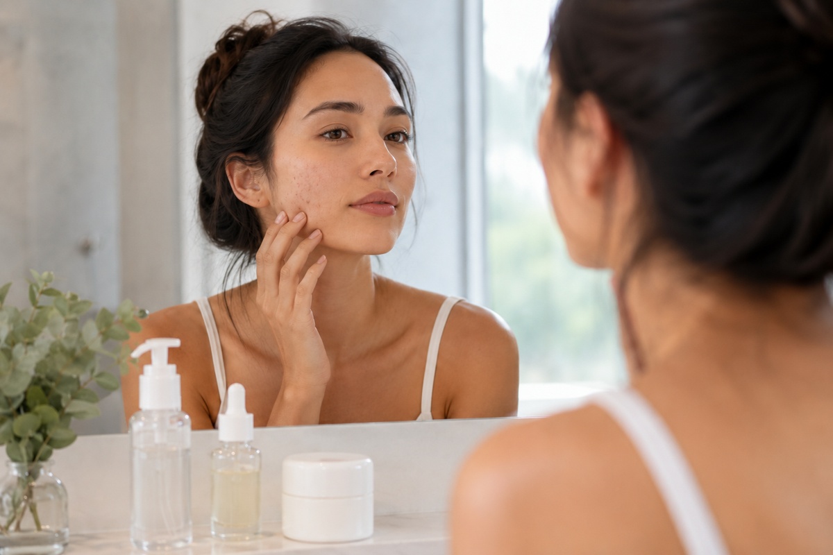 Qué son las manchas de acné y cómo tratarlas sin dañar la piel con cuidado facial frente al espejo