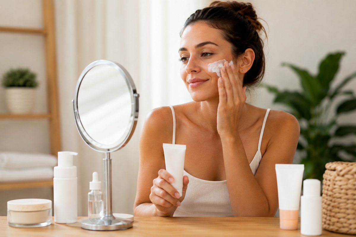 Rutina facial con distintos productos de cuidado de la piel y protector solar para explicar las categorías con FPS