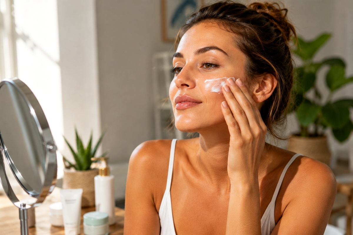 Mujer aplicando protector solar facial frente al espejo para comparar crema de día con FPS y fotoprotector específico