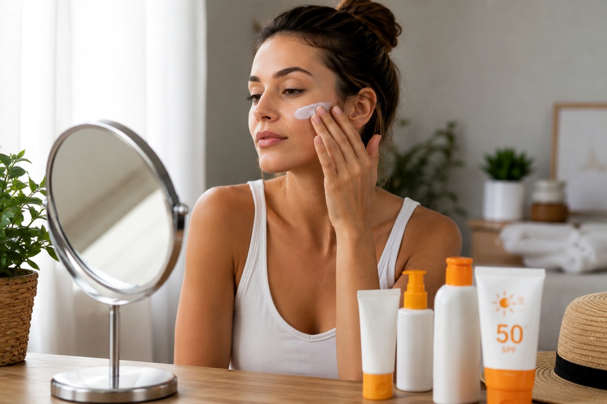 Productos de protección solar y cuidado facial sobre tocador para valorar factores clave antes de comprar un protector solar