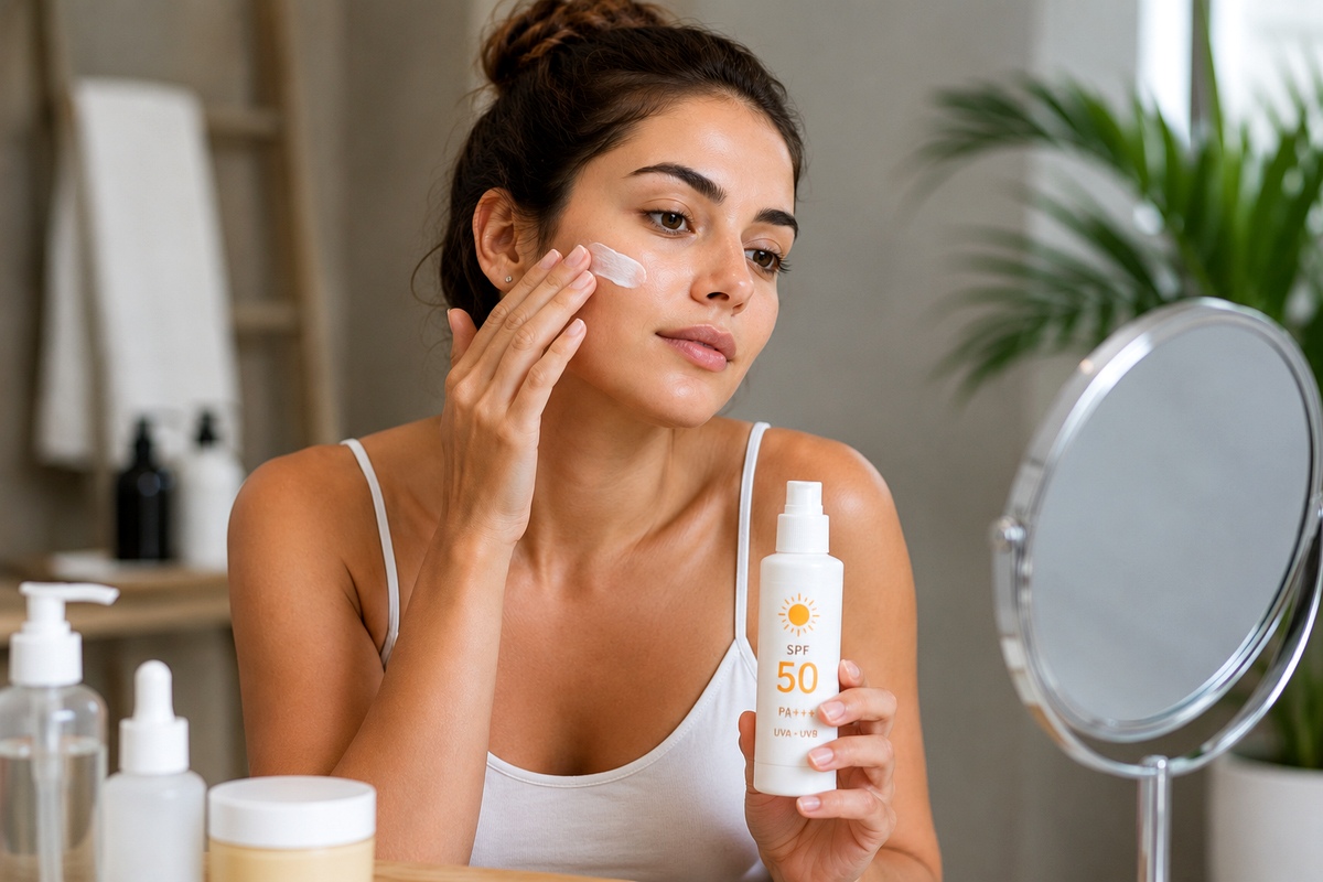 Mujer aplicando poca cantidad de crema en el rostro como ejemplo de errores comunes con el protector solar