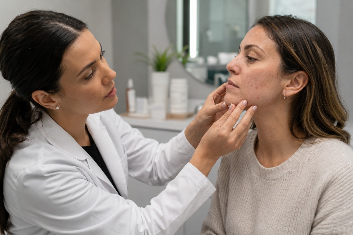 Dermatóloga revisando acné adulto en consulta